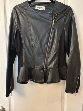 envy Black Faux Leather Peplum Moto Jacket with Gold Zipper